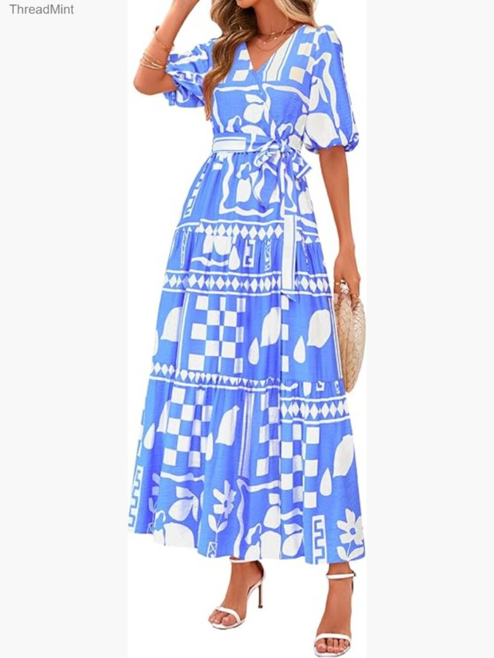 Summer Maxi Dress Boho Floral V Neck Puff Sleeve Ruffle Flowy Beach